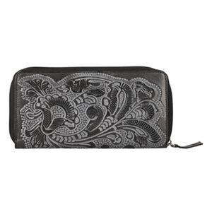 NWT Black/Gray Handcrafted  Embossed Leather RFID Women's Zip Around Wallet
